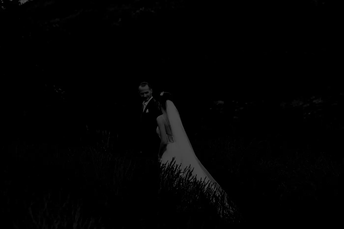 Silhouettes dans un champ au crépuscule